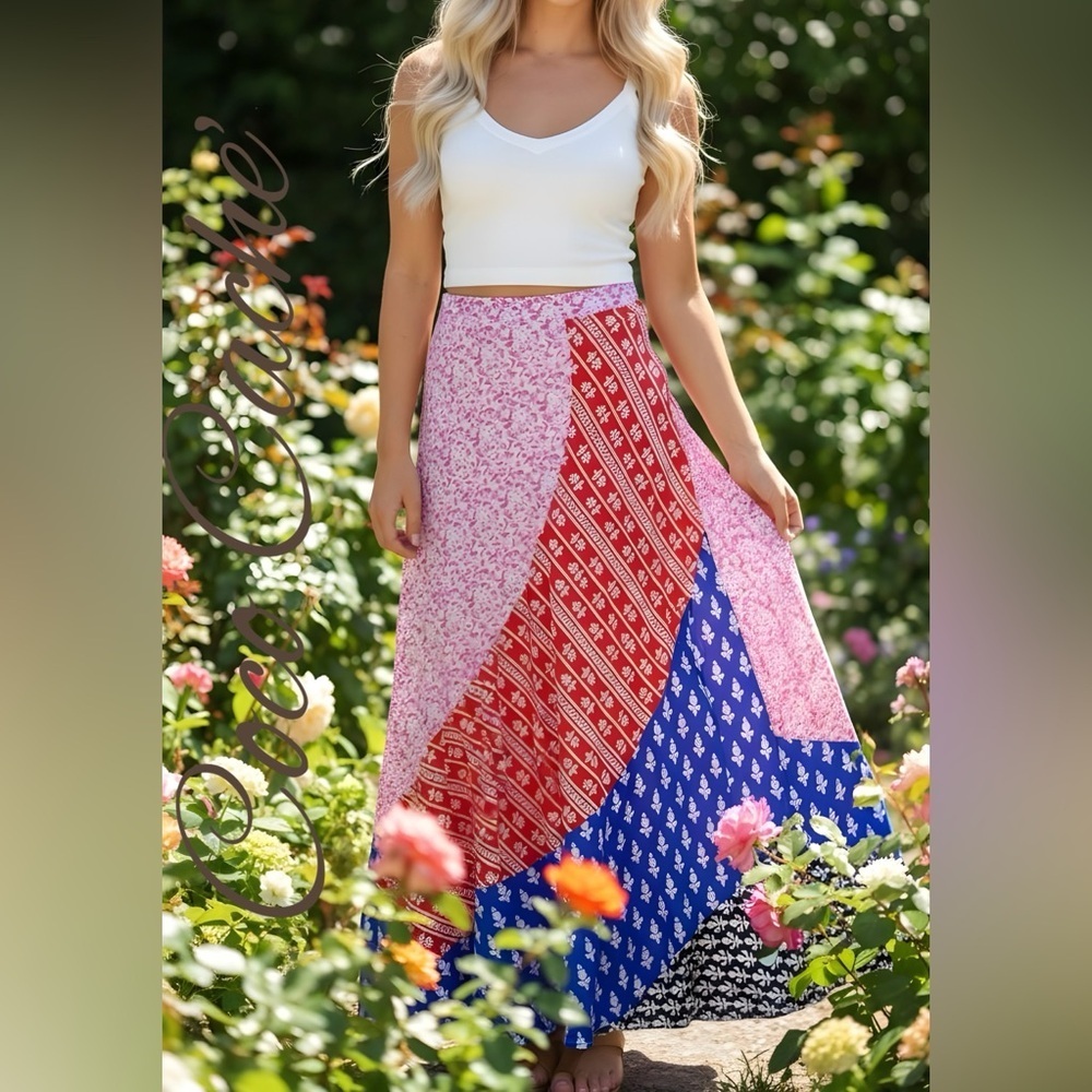 Bohemian Patchwork Flowy Asymmetrical Flounce Hem Slim Fit Long Maxi Skirt